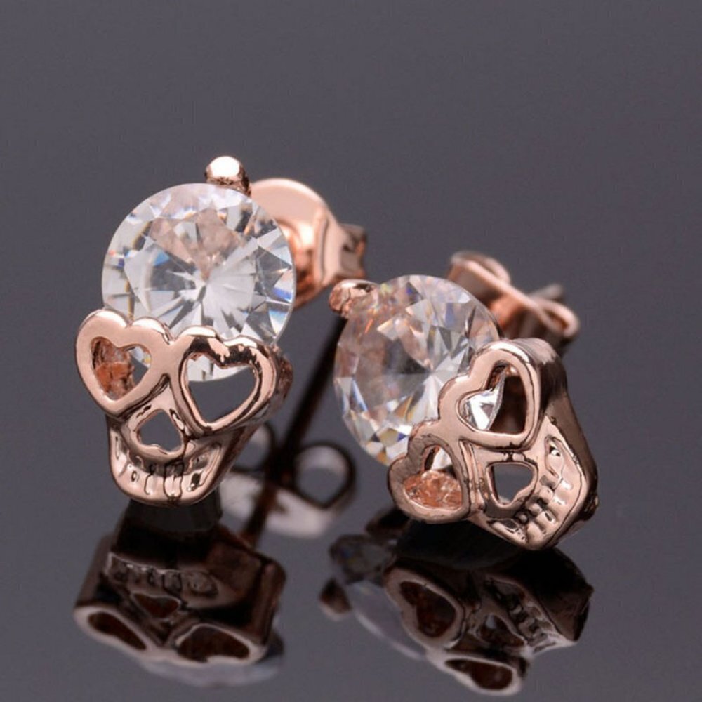 Dainty Rose Gold Tone Crystal Skull Pierced Earrings